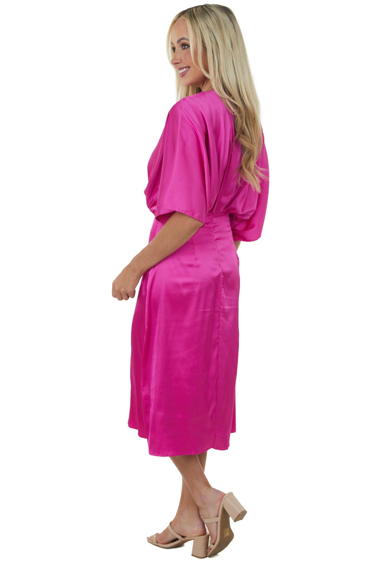 Magenta Kimono Sleeve Satin Midi Dress