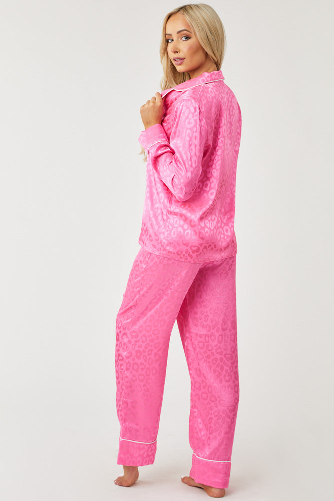 Magenta Leopard Print Satin Pajama Set