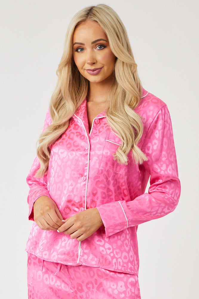 Magenta Leopard Print Satin Pajama Set