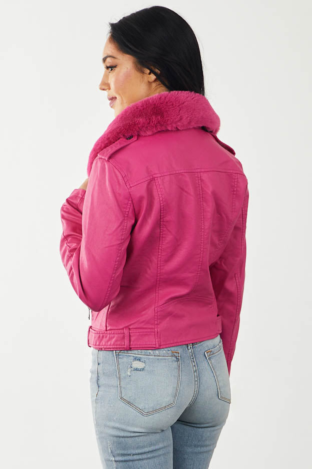 Magenta Moto Jacket with Faux Fur Collar
