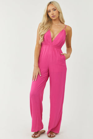 Magenta Open Tie Back Wide Leg Woven Jumpsuit