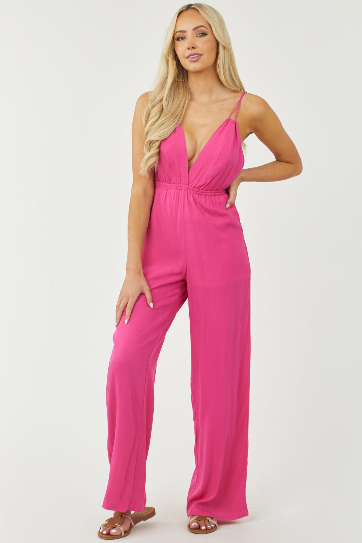 Magenta Open Tie Back Wide Leg Woven Jumpsuit