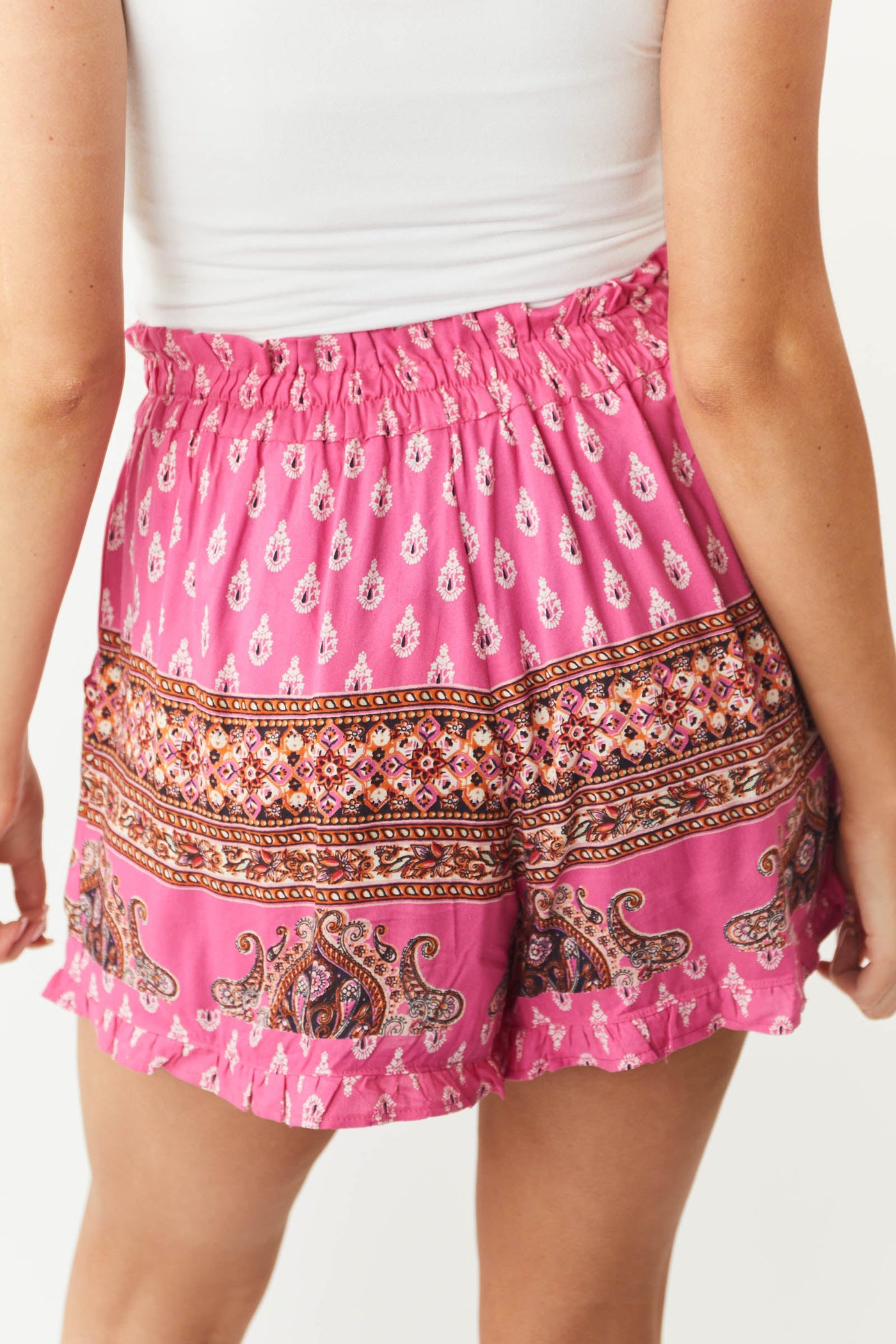 Magenta Paisley Print Elastic Waist Woven Shorts