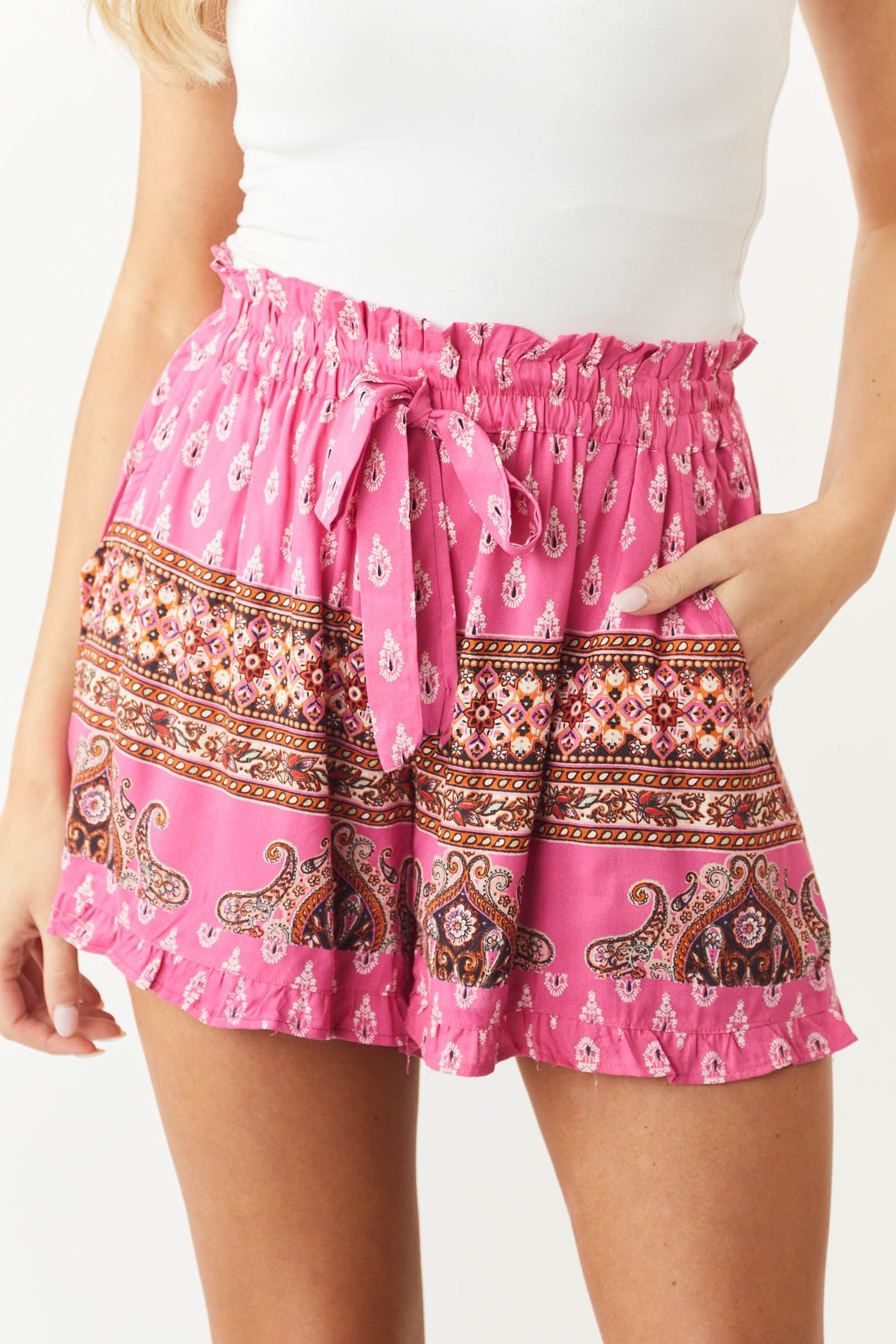 Magenta Paisley Print Elastic Waist Woven Shorts