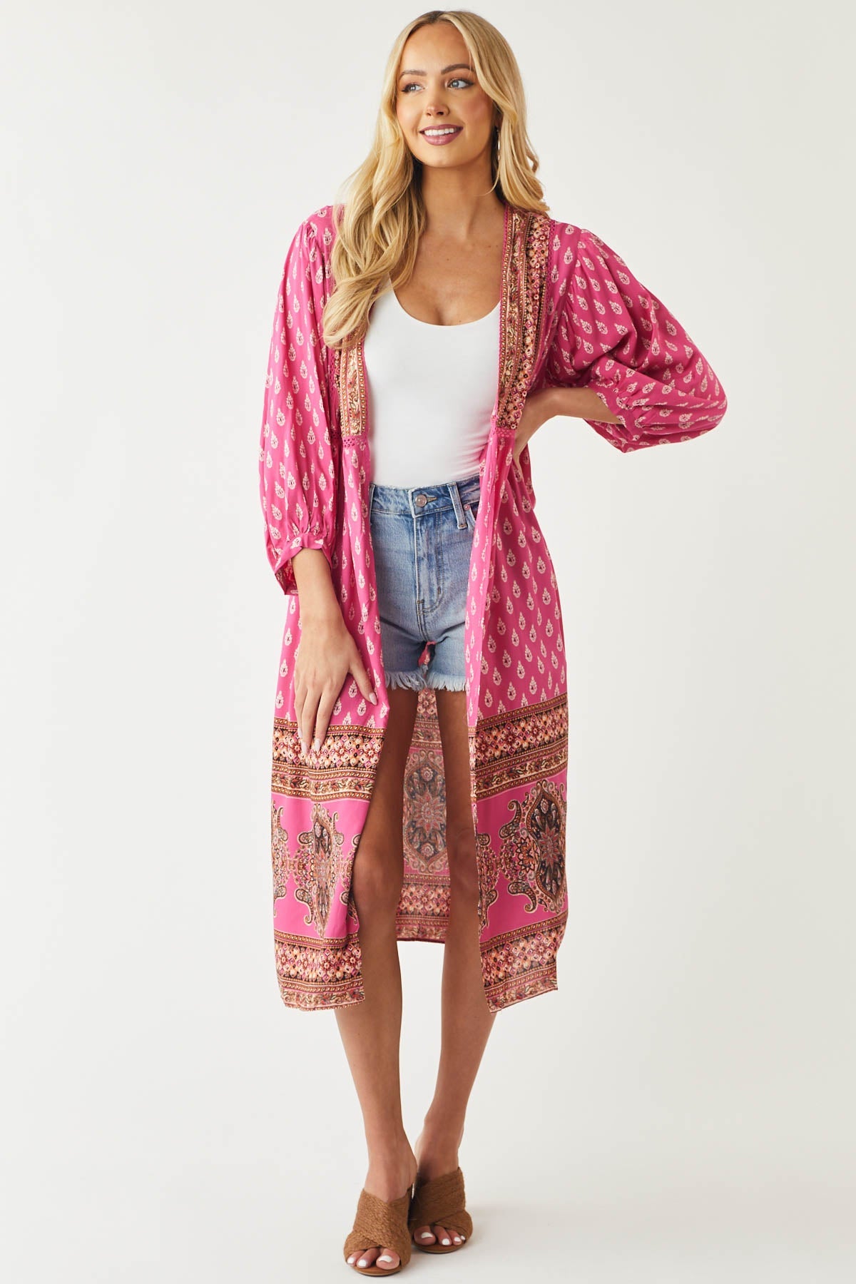 Magenta Paisley Print Open Front Kimono