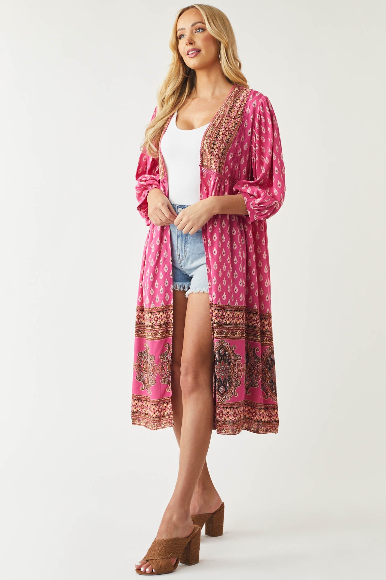 Magenta Paisley Print Open Front Kimono