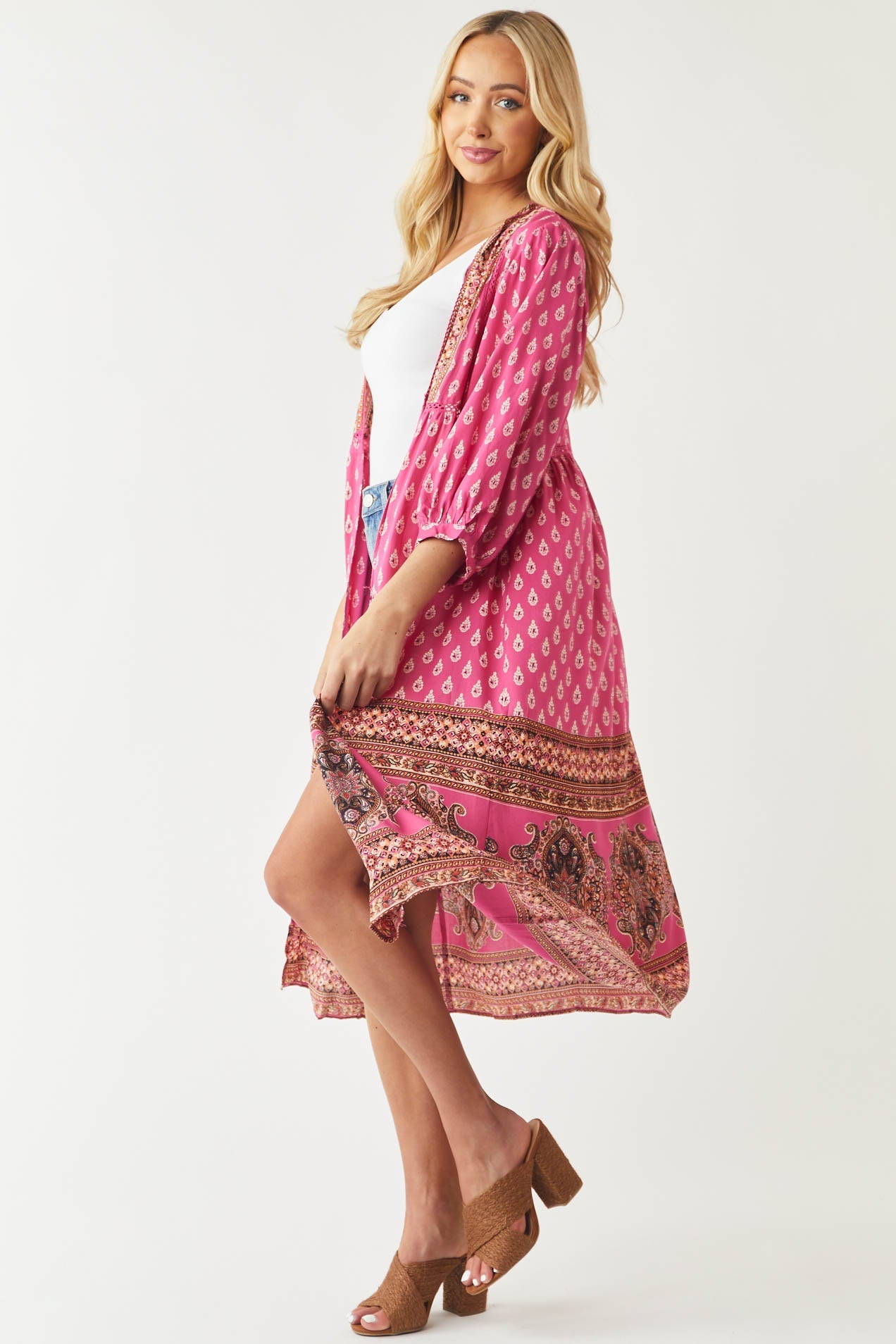 Magenta Paisley Print Open Front Kimono