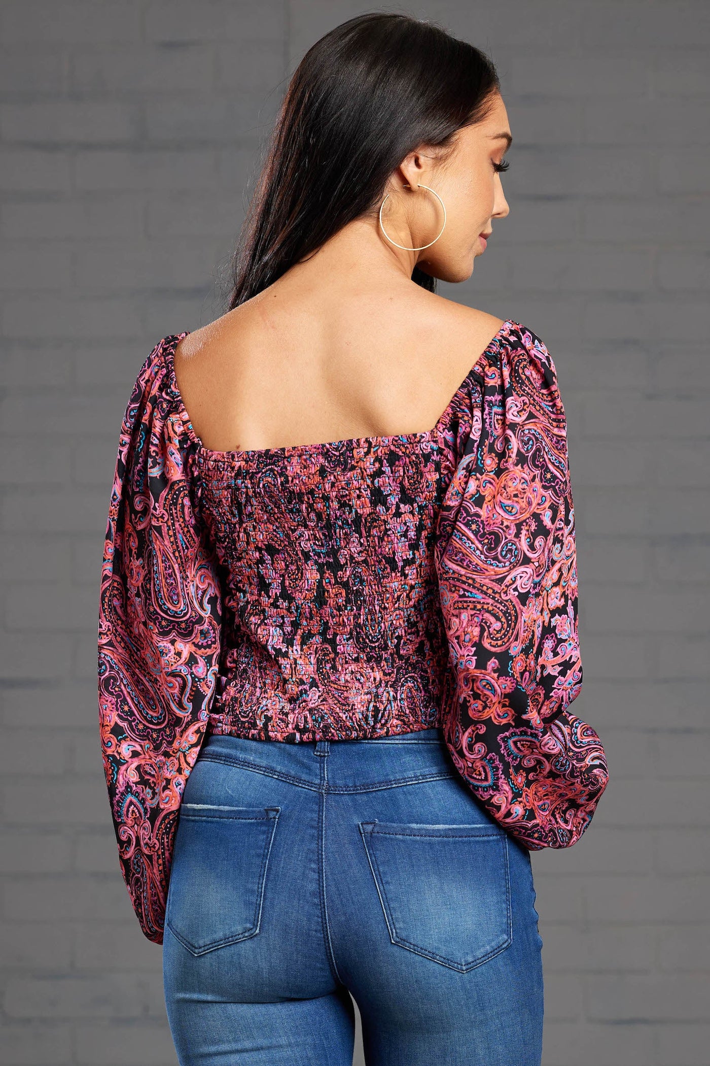 Magenta Paisley Ruched Puff Sleeve Crop Top