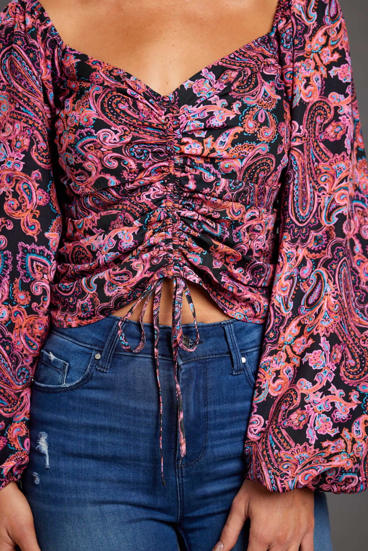 Magenta Paisley Ruched Puff Sleeve Crop Top