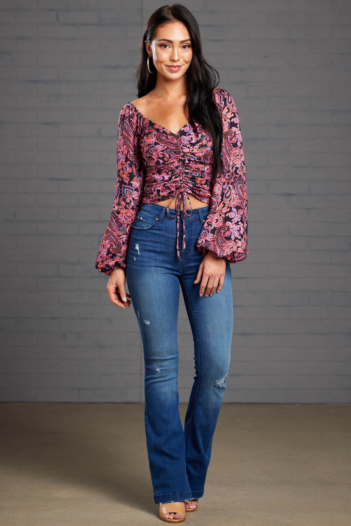 Magenta Paisley Ruched Puff Sleeve Crop Top