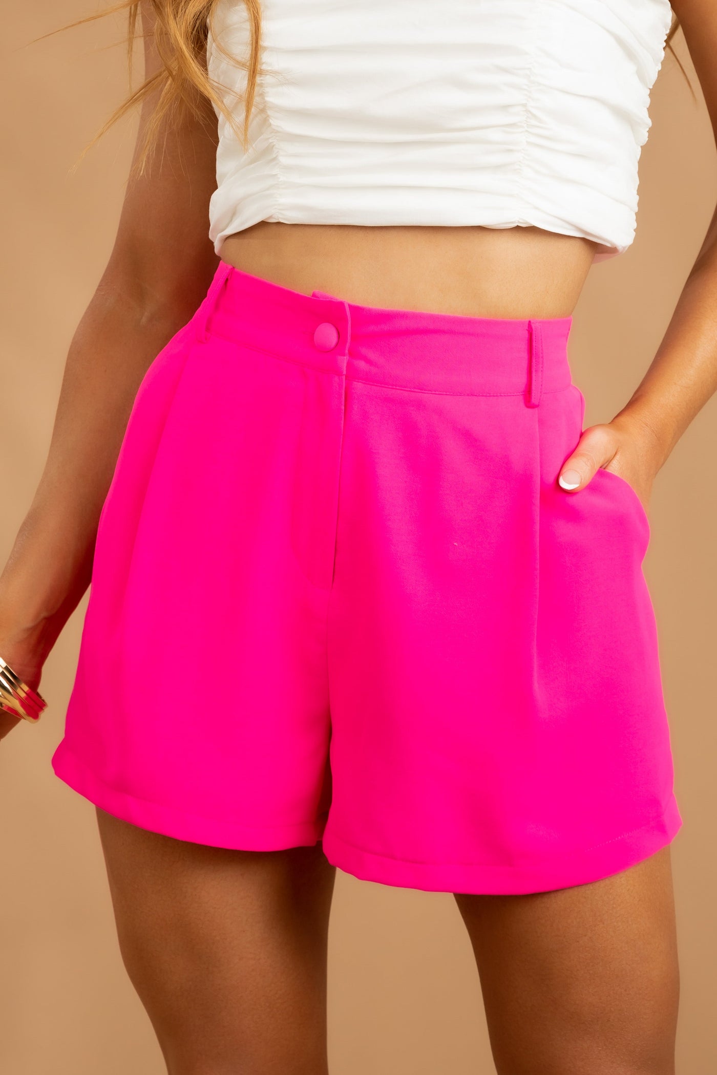 Magenta Pleated Loose Leg Woven Shorts