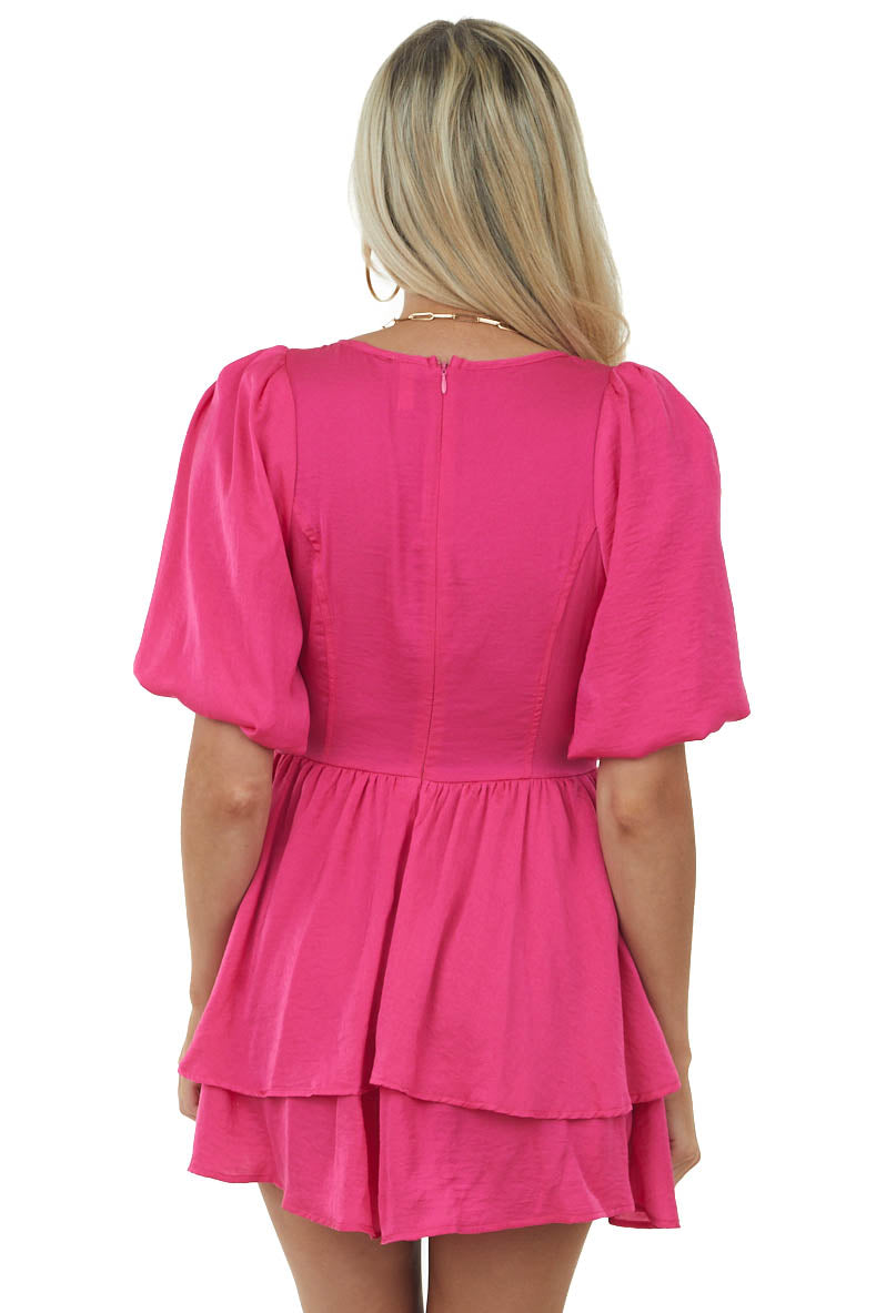 Magenta Plunging V Neck Romper with Puff Sleeves
