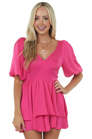 Magenta Plunging V Neck Romper with Puff Sleeves