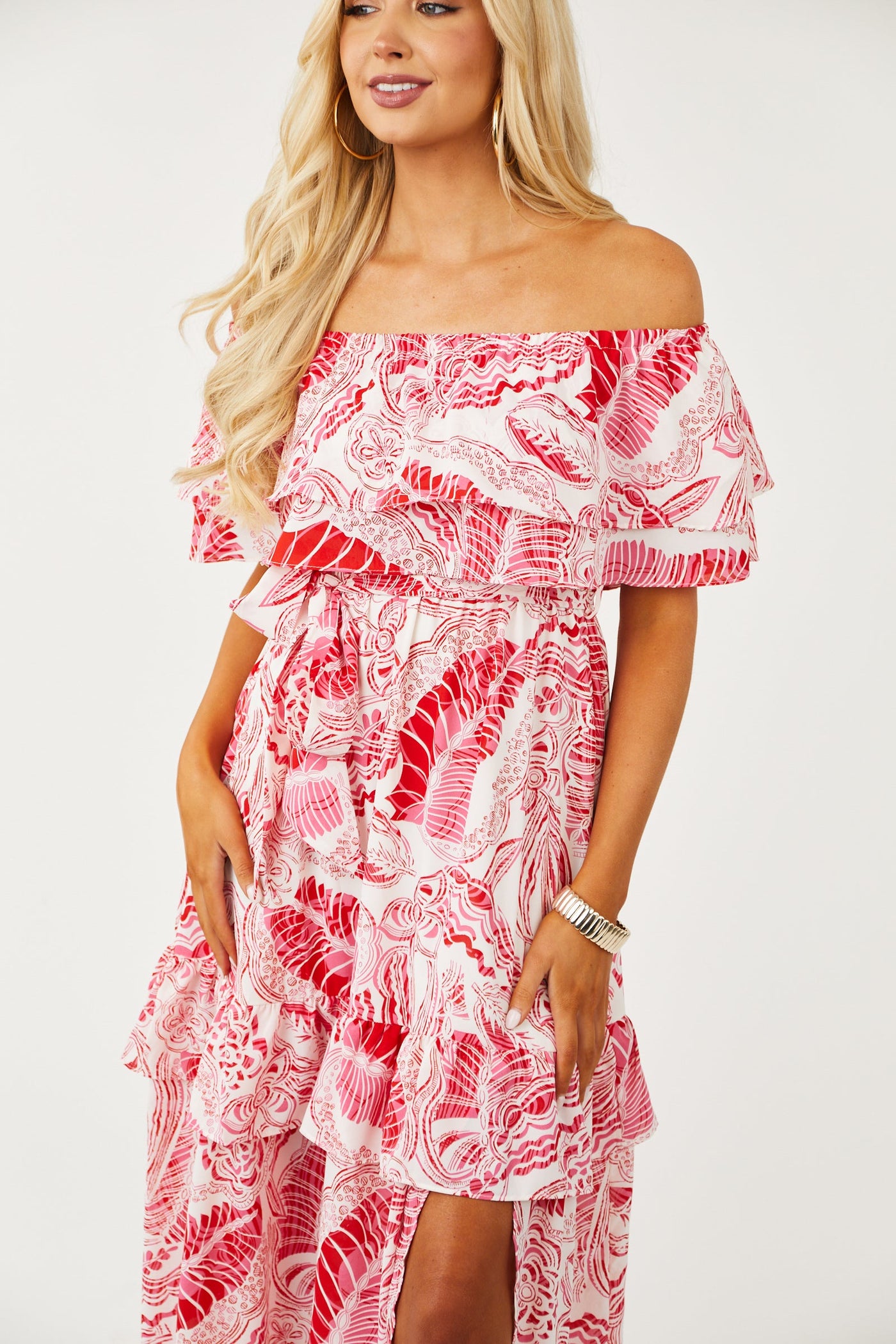 Magenta Printed Off Shoulder Tiered Maxi Dress