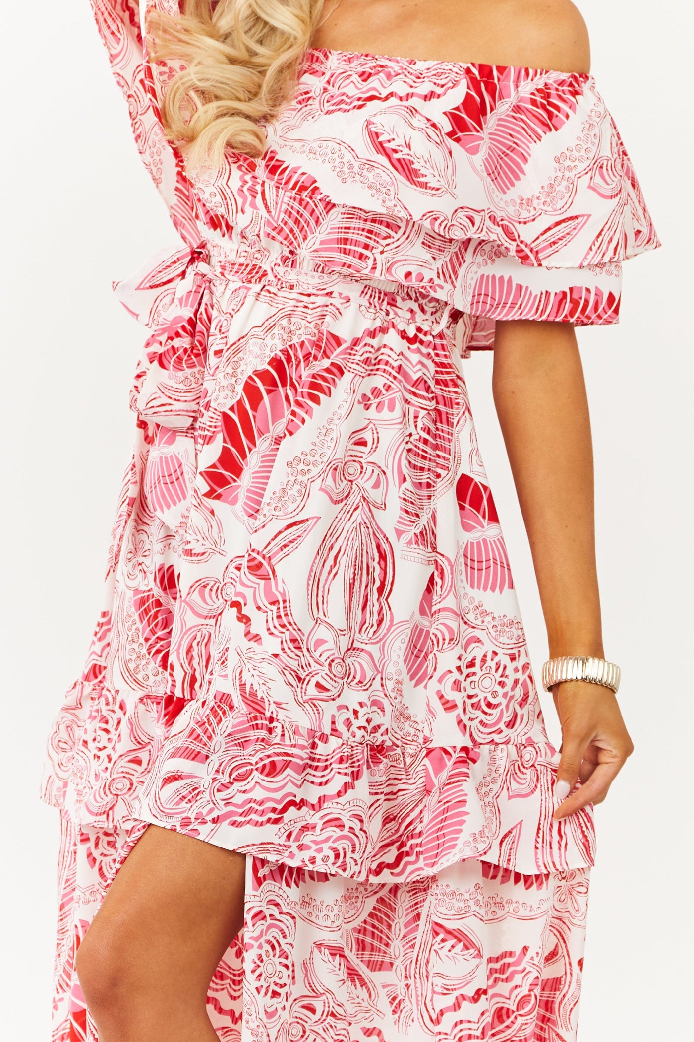 Magenta Printed Off Shoulder Tiered Maxi Dress