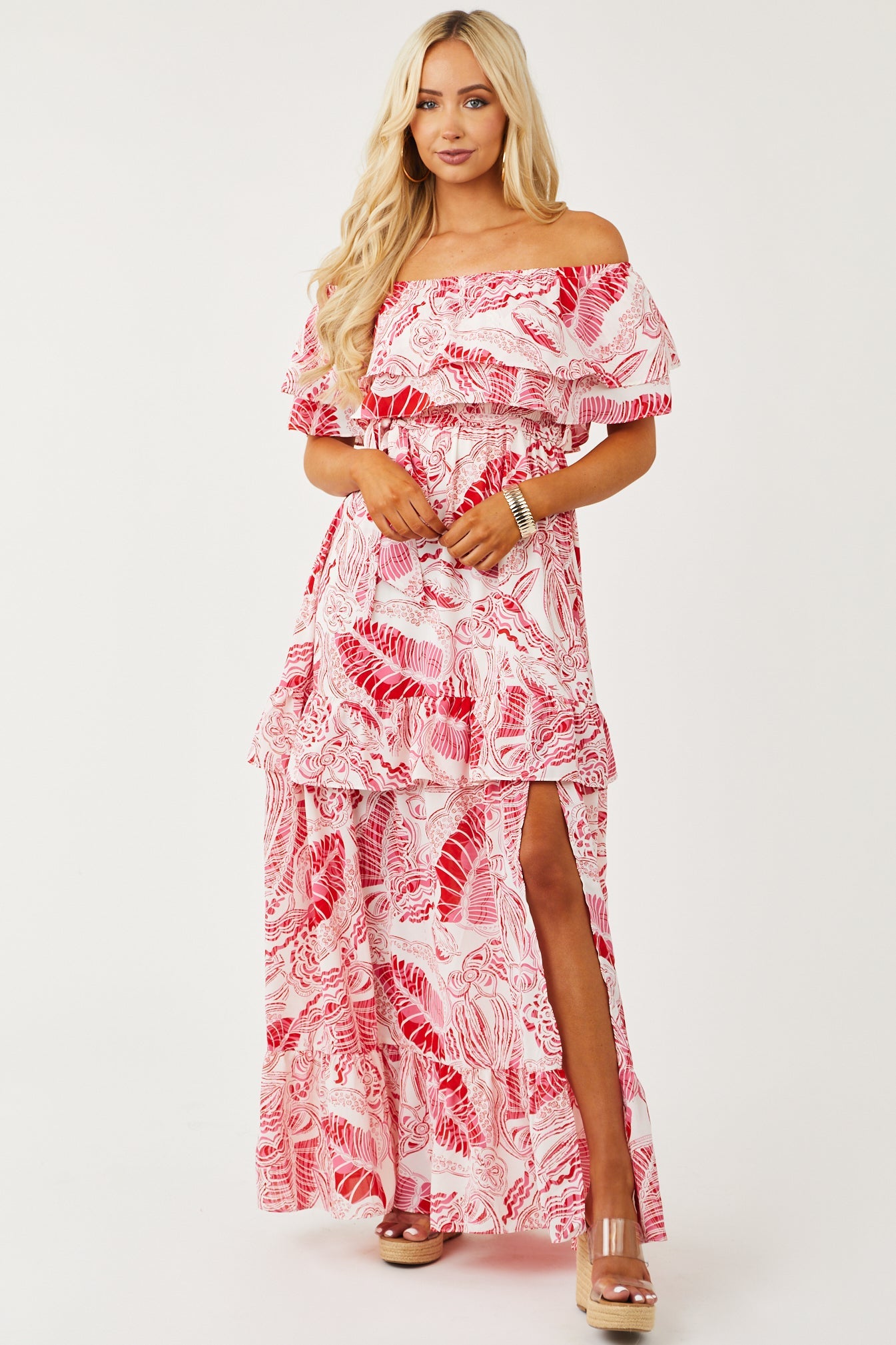 Magenta Printed Off Shoulder Tiered Maxi Dress