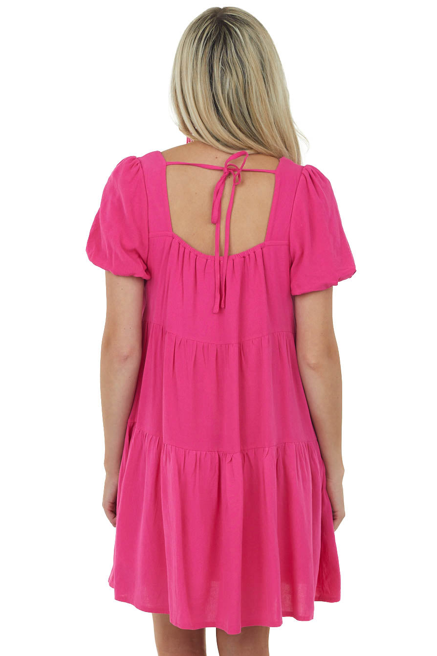 Magenta Puff Sleeve Square Neck Tiered Dress