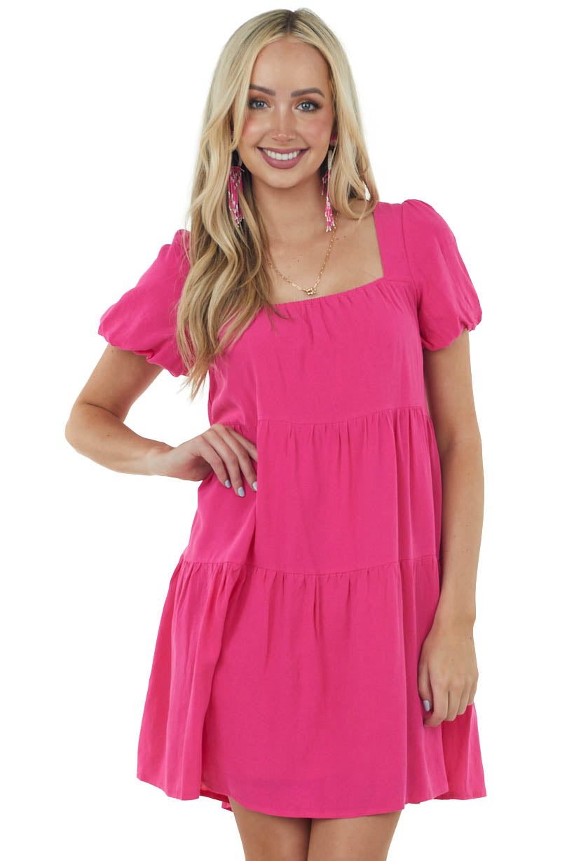 Magenta Puff Sleeve Square Neck Tiered Dress