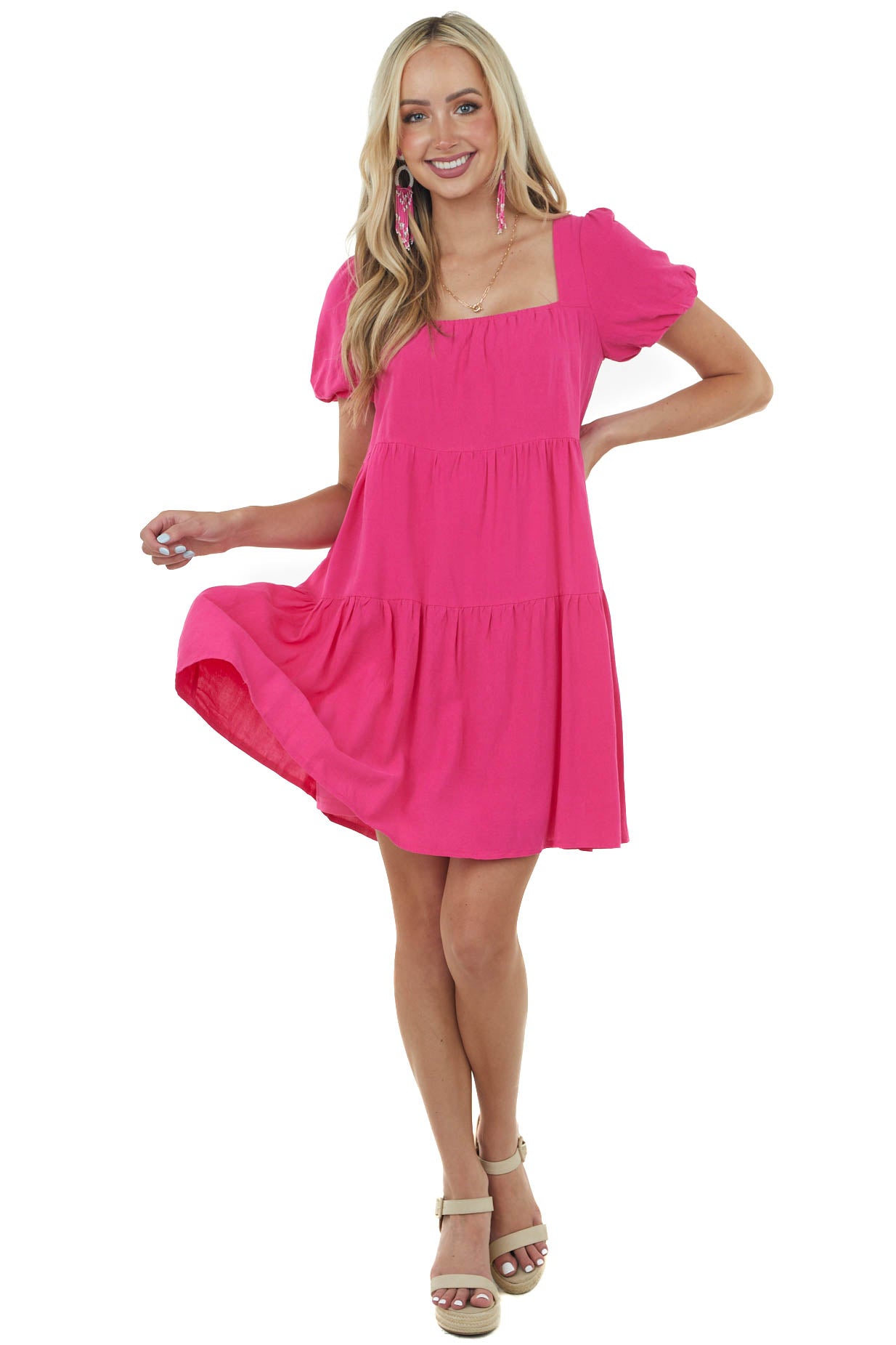 Magenta Puff Sleeve Square Neck Tiered Dress