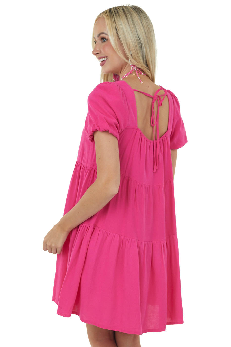 Magenta Puff Sleeve Square Neck Tiered Dress