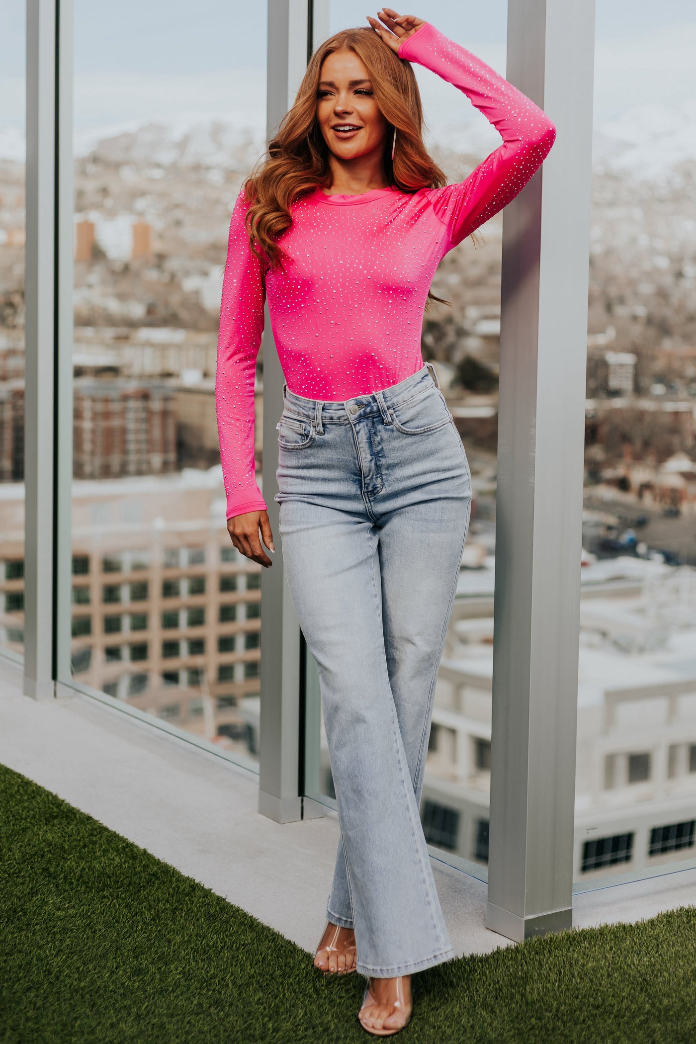 Magenta Rhinestone Studded Long Sleeve Bodysuit