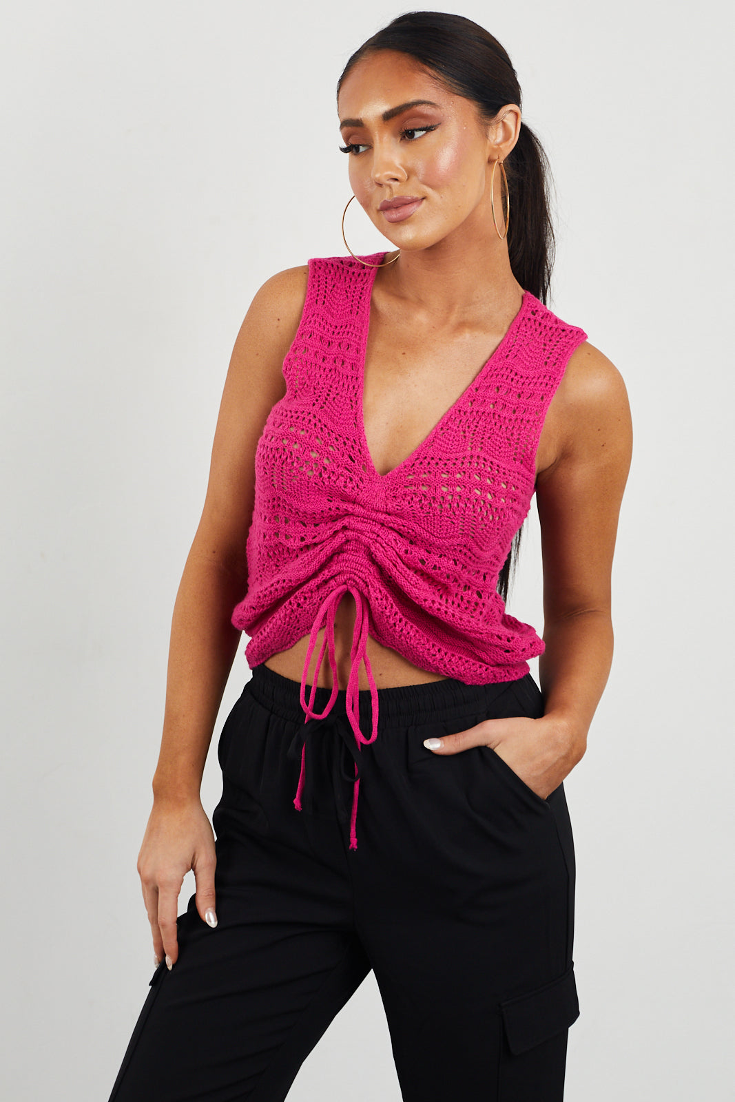 Magenta Ruched Front Crochet Tank Top