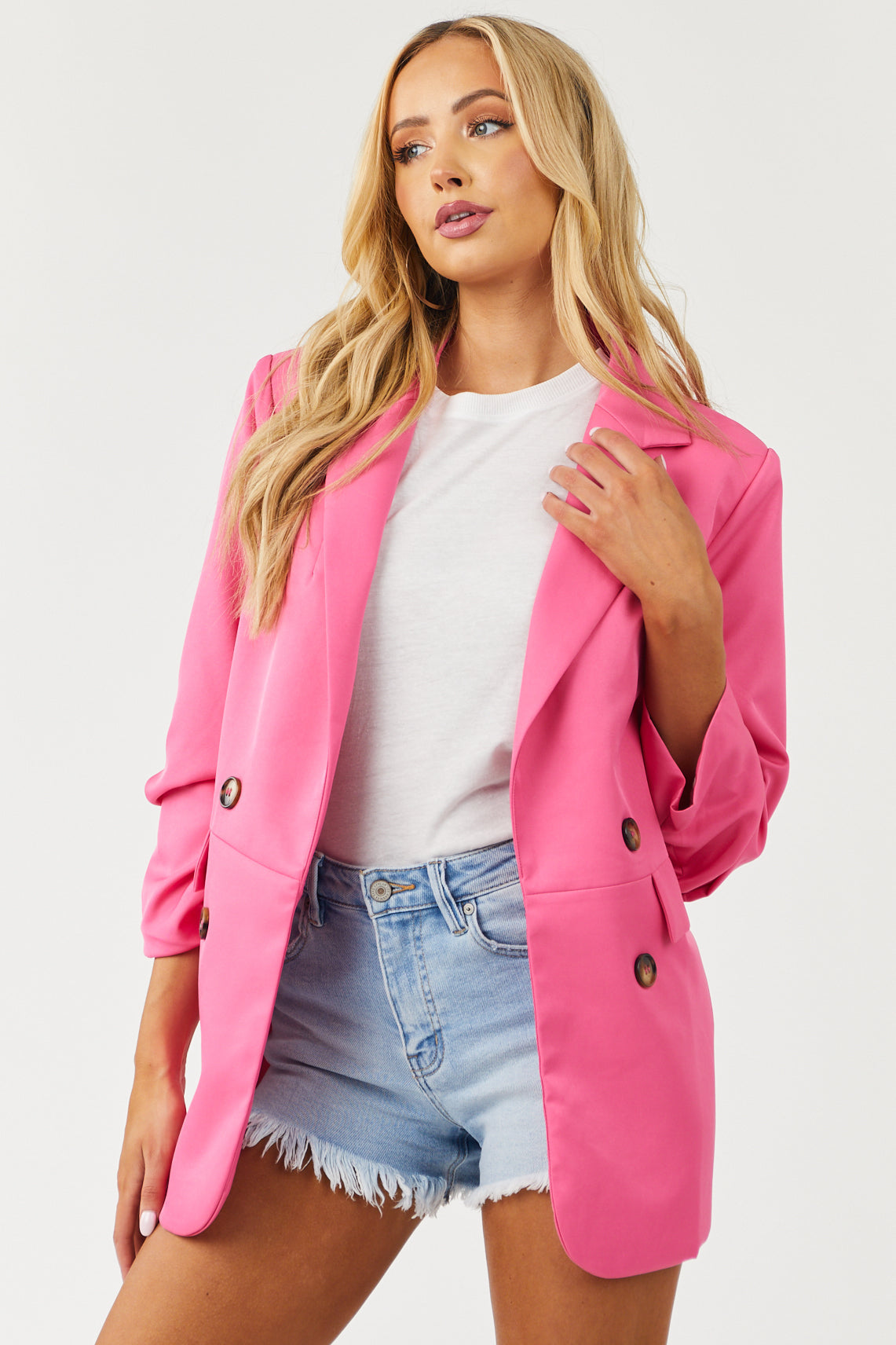 Magenta Ruched Sleeve Collared Open Front Blazer