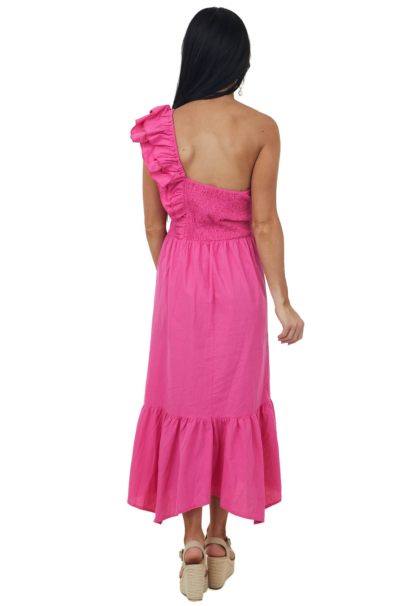 Magenta Ruffle One Shoulder Ruched Midi Dress