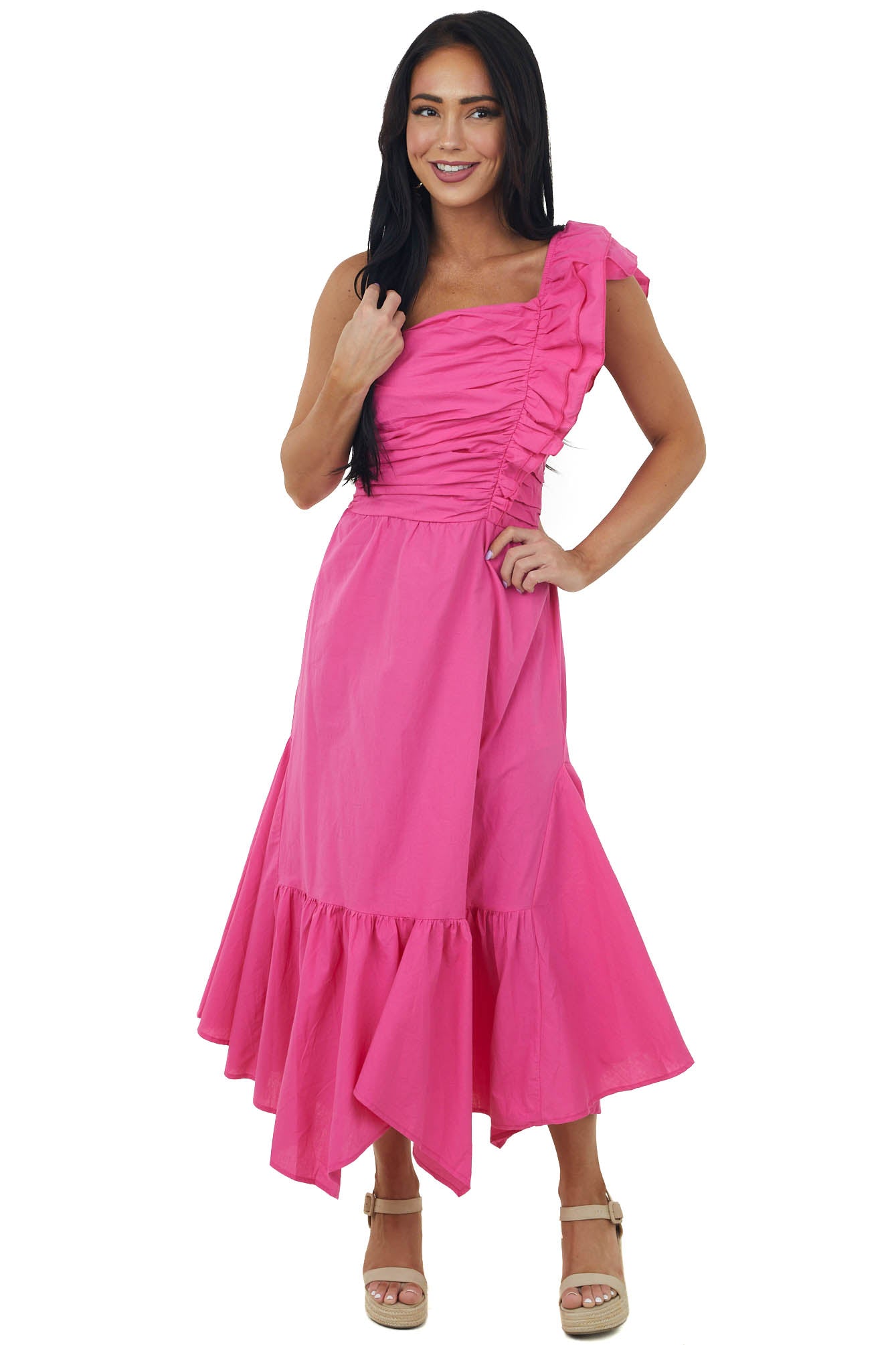 Magenta Ruffle One Shoulder Ruched Midi Dress