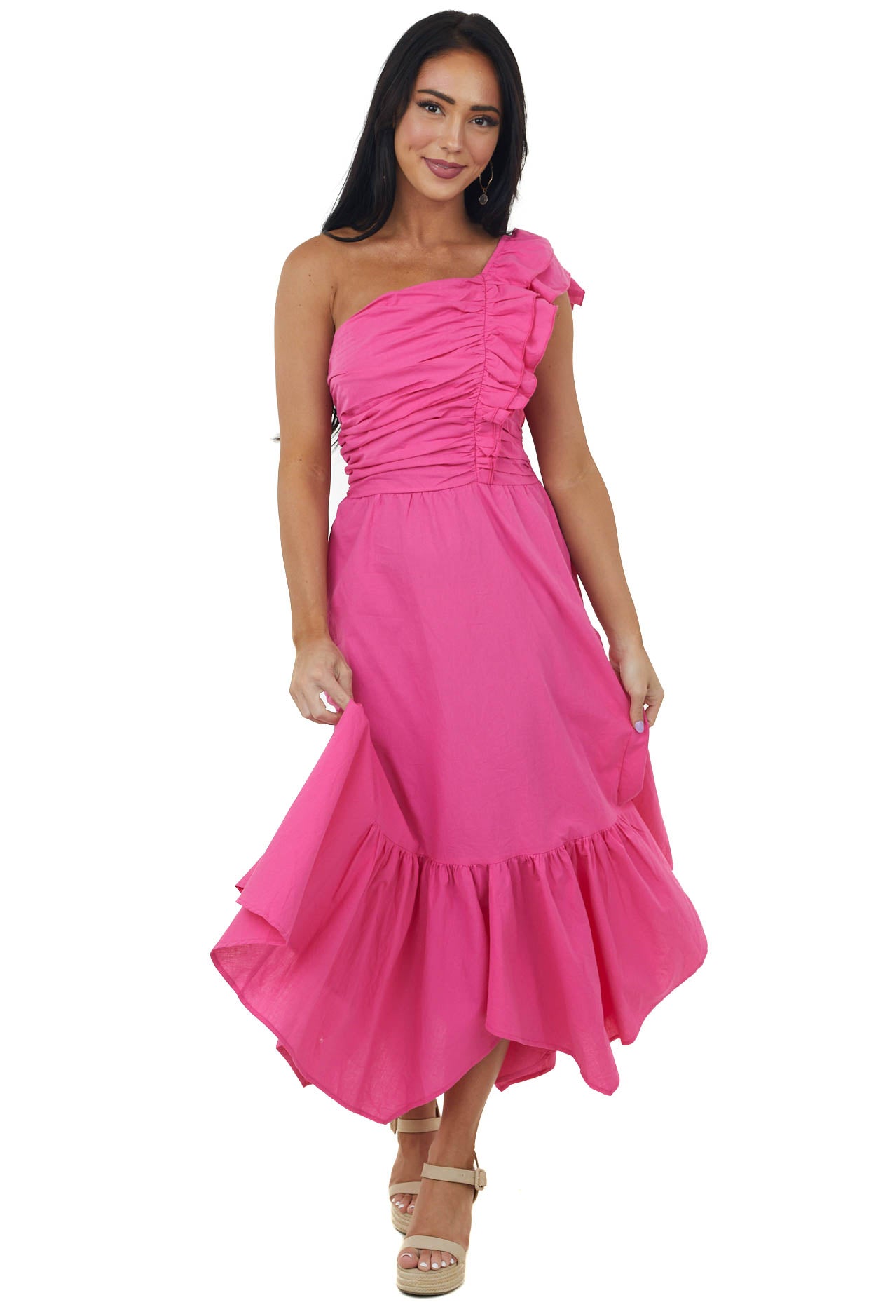 Magenta Ruffle One Shoulder Ruched Midi Dress