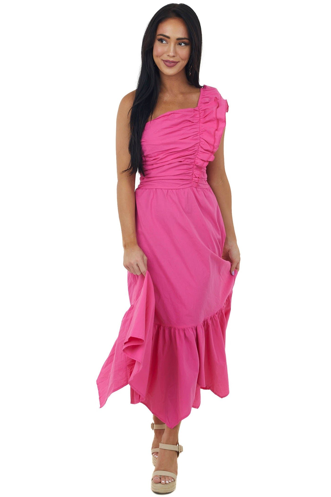 Magenta Ruffle One Shoulder Ruched Midi Dress