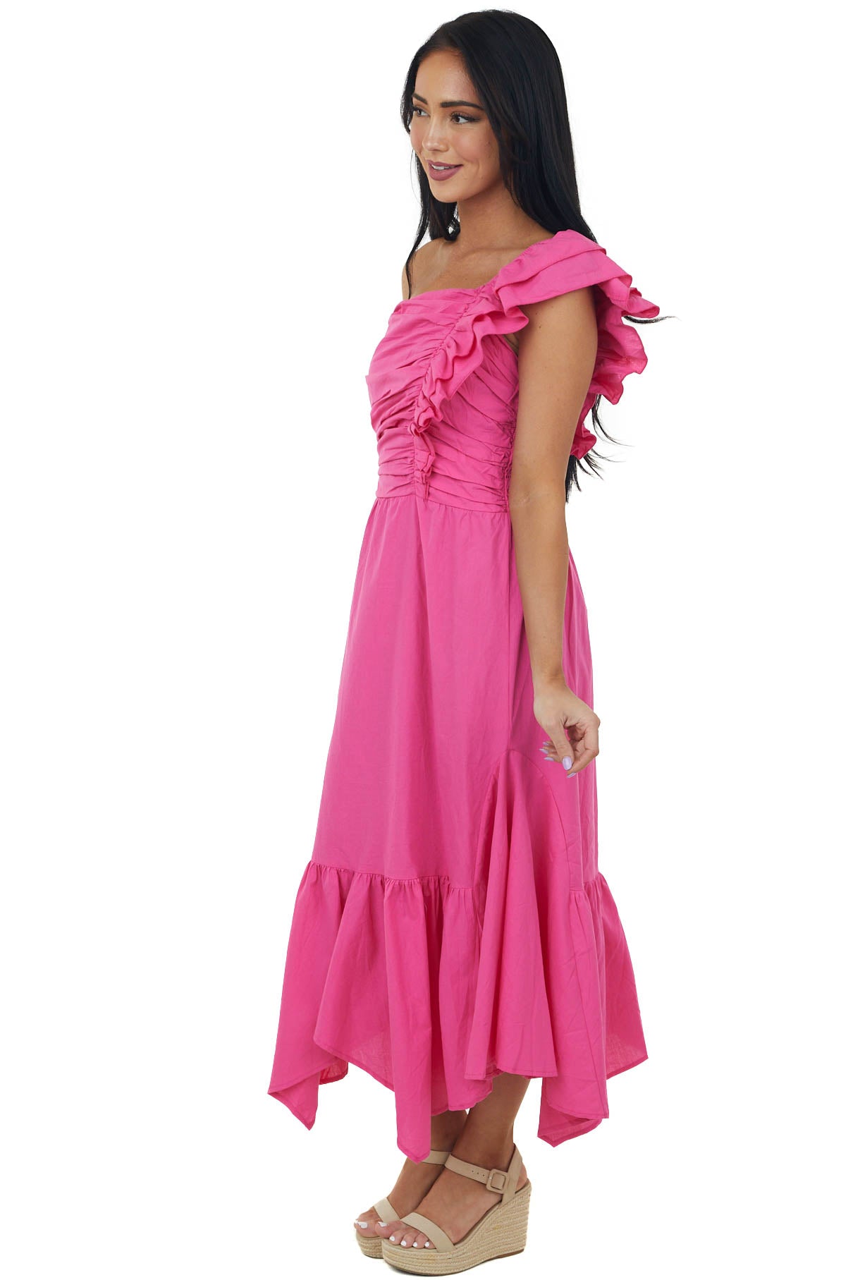 Magenta Ruffle One Shoulder Ruched Midi Dress