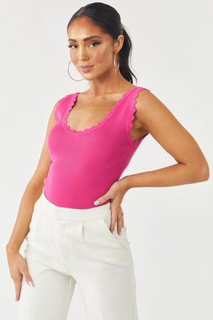 Magenta Scalloped Trim V Neck Ribbed Tank Top