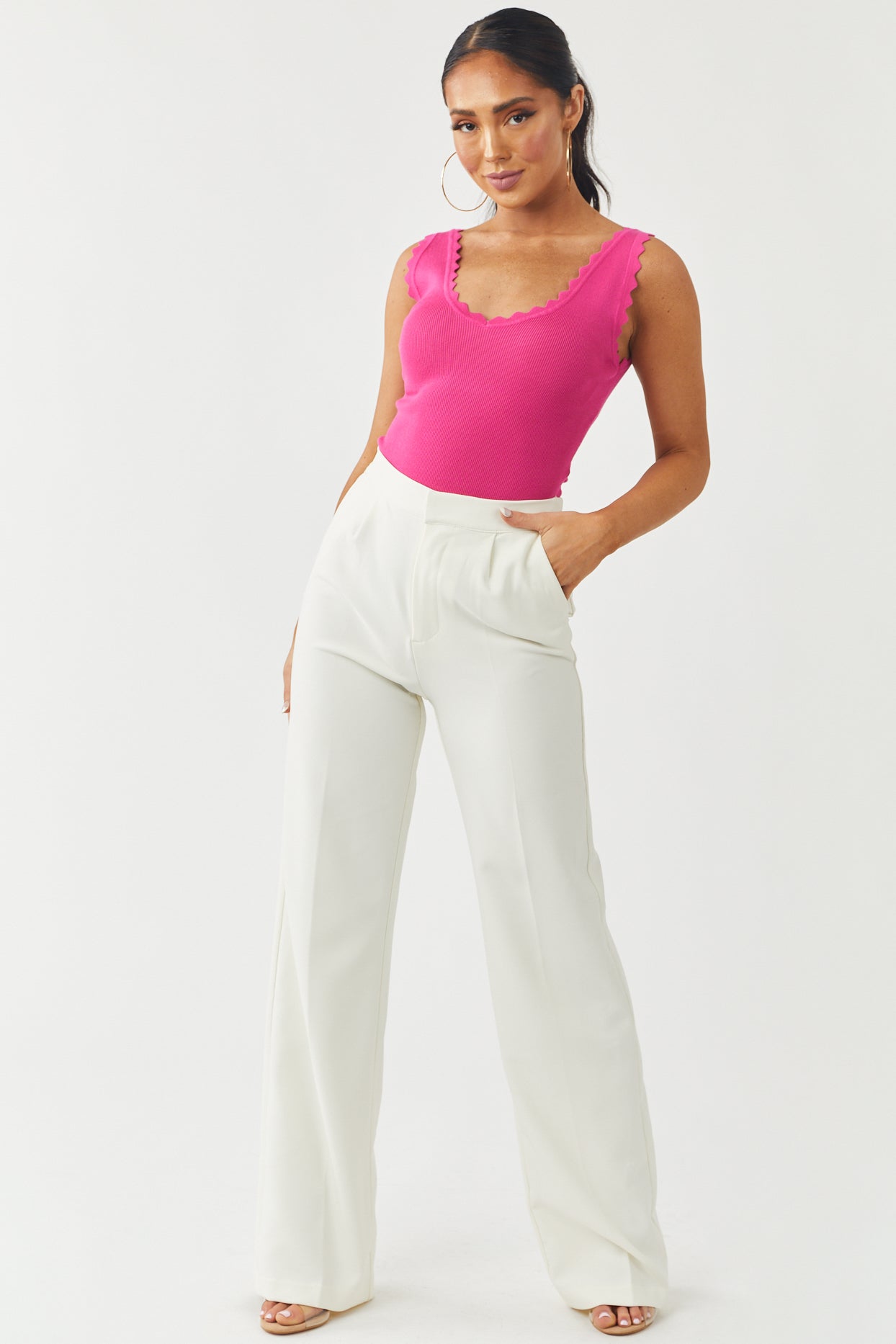 Magenta Scalloped Trim V Neck Ribbed Tank Top