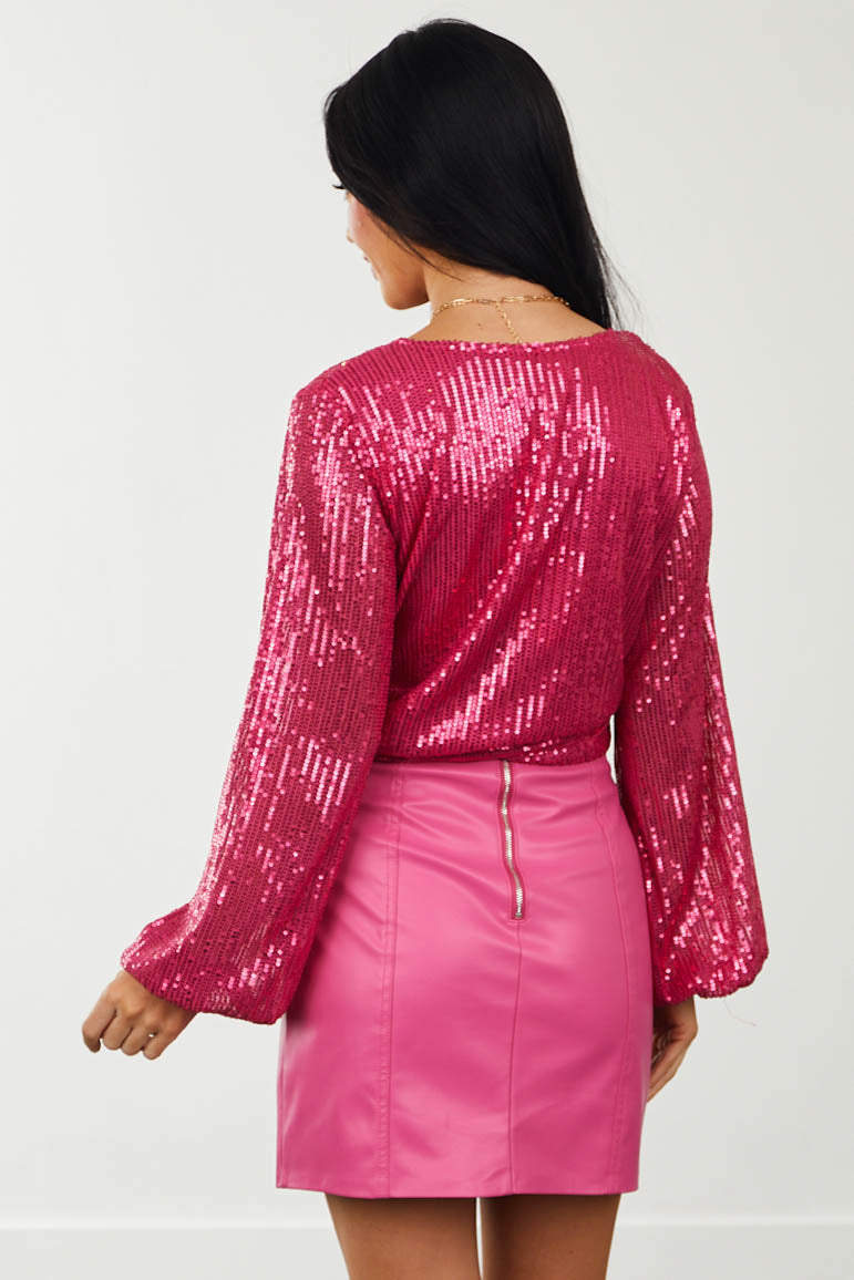 Magenta Sequin Side Tie Surplice Blouse