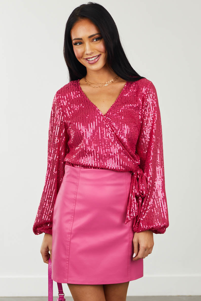 Magenta Sequin Side Tie Surplice Blouse