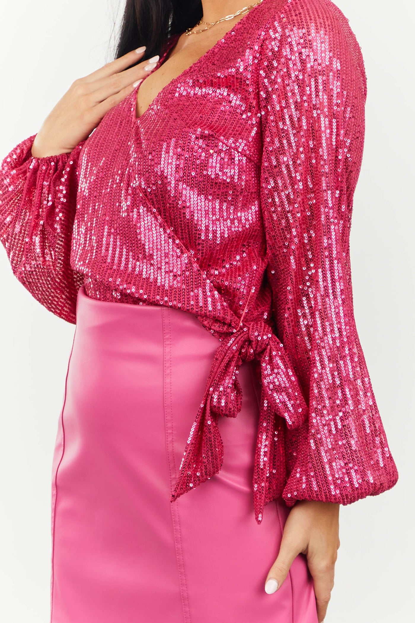 Magenta Sequin Side Tie Surplice Blouse