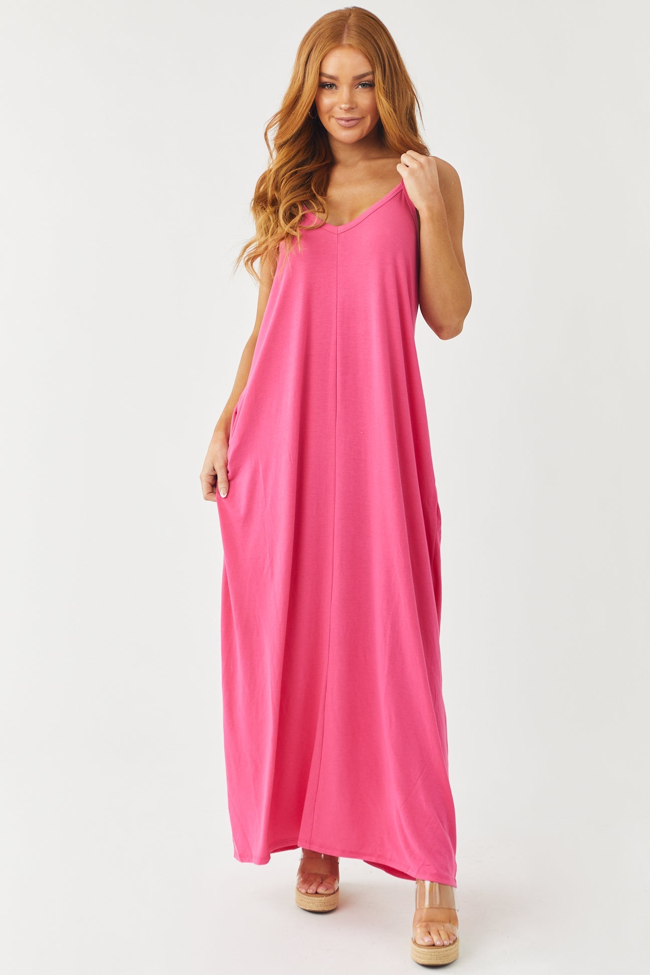 Magenta Sleeveless Knit Maxi Dress with Pockets