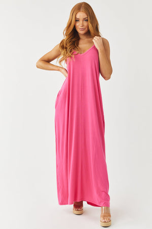 Magenta Sleeveless Knit Maxi Dress with Pockets
