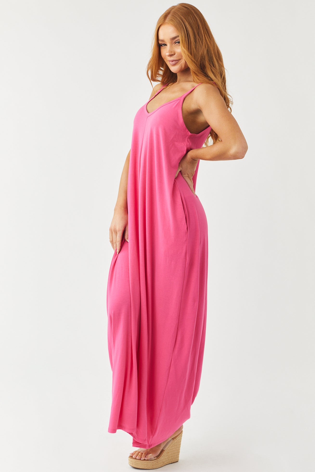 Magenta Sleeveless Knit Maxi Dress with Pockets