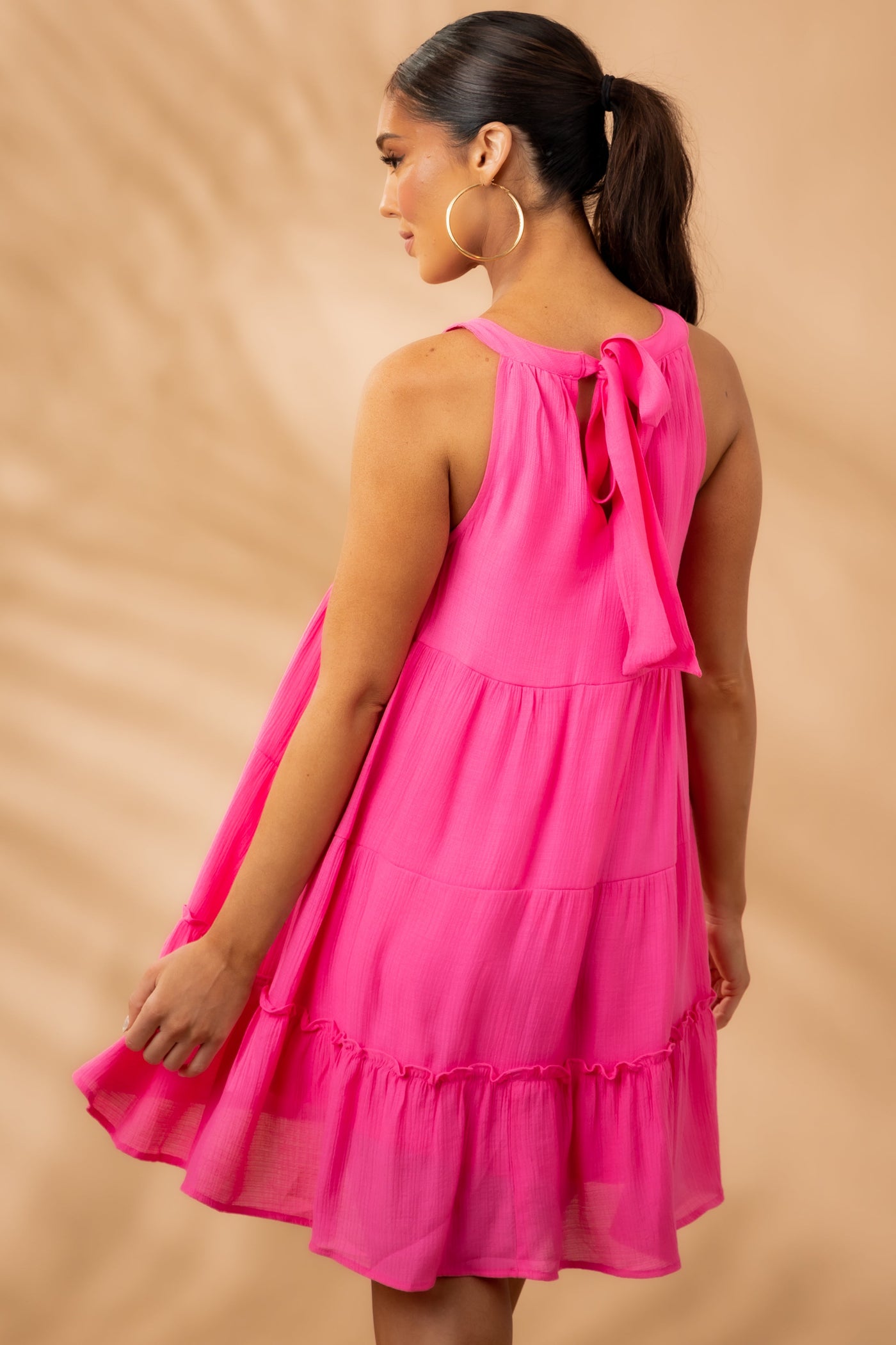 Magenta Sleeveless Tiered Woven Mini Dress