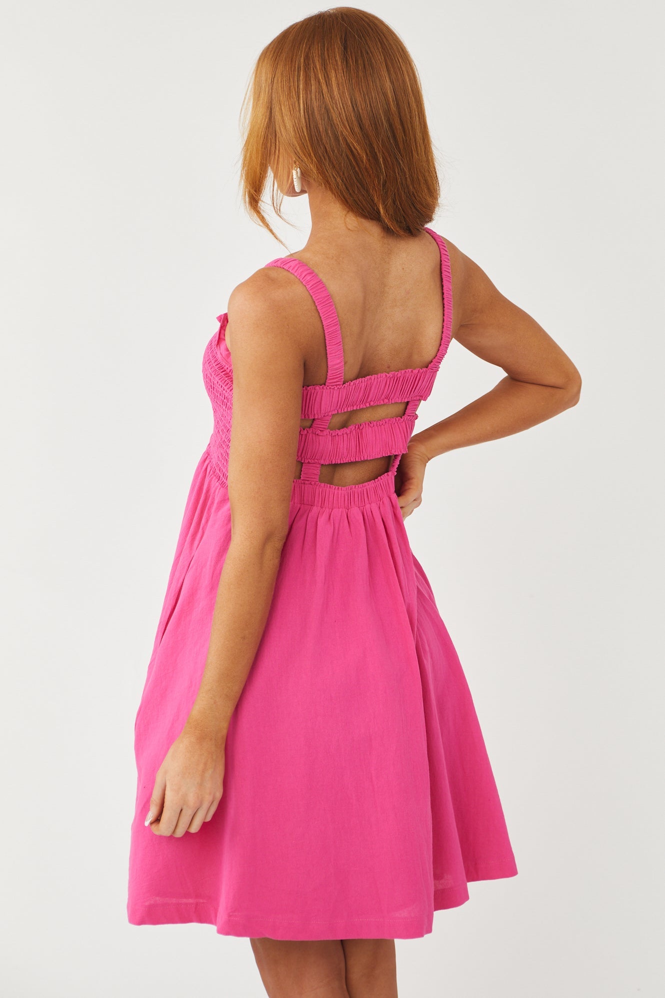 Magenta Smocked Criss Cross Back Woven Dress