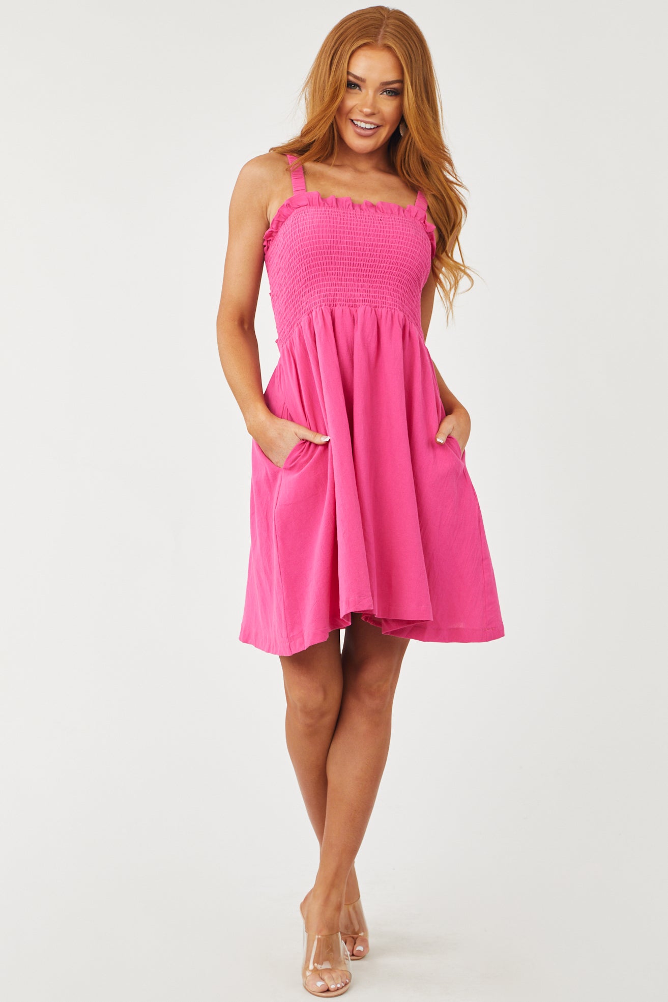 Magenta Smocked Criss Cross Back Woven Dress