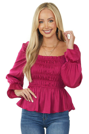 Magenta Smocked Peasant Sleeve Ruffle Blouse