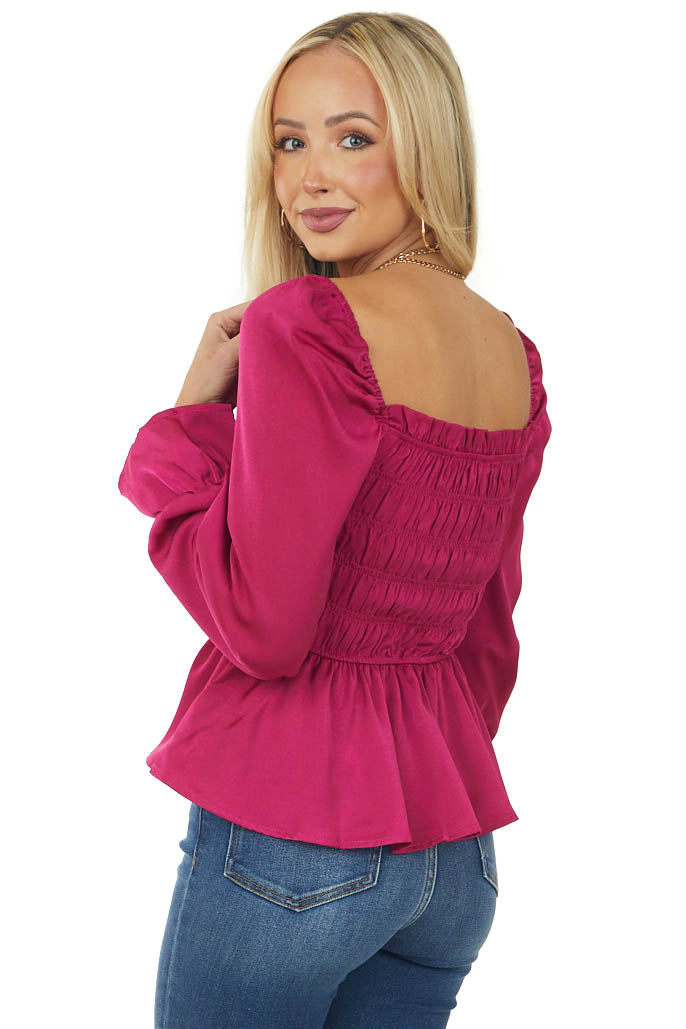 Magenta Smocked Peasant Sleeve Ruffle Blouse
