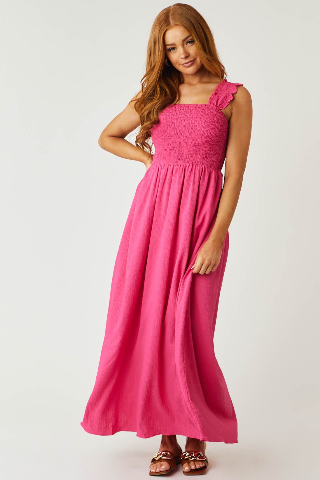 Magenta Smocked Sleeveless Woven Maxi Dress