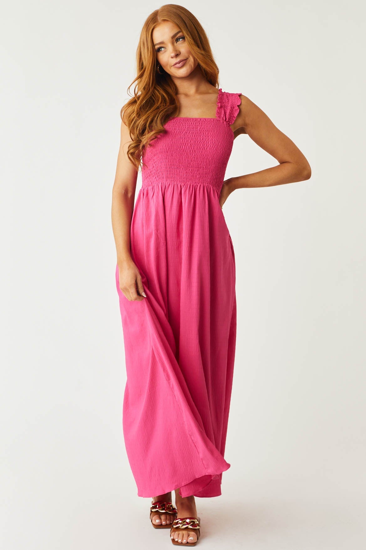 Magenta Smocked Sleeveless Woven Maxi Dress