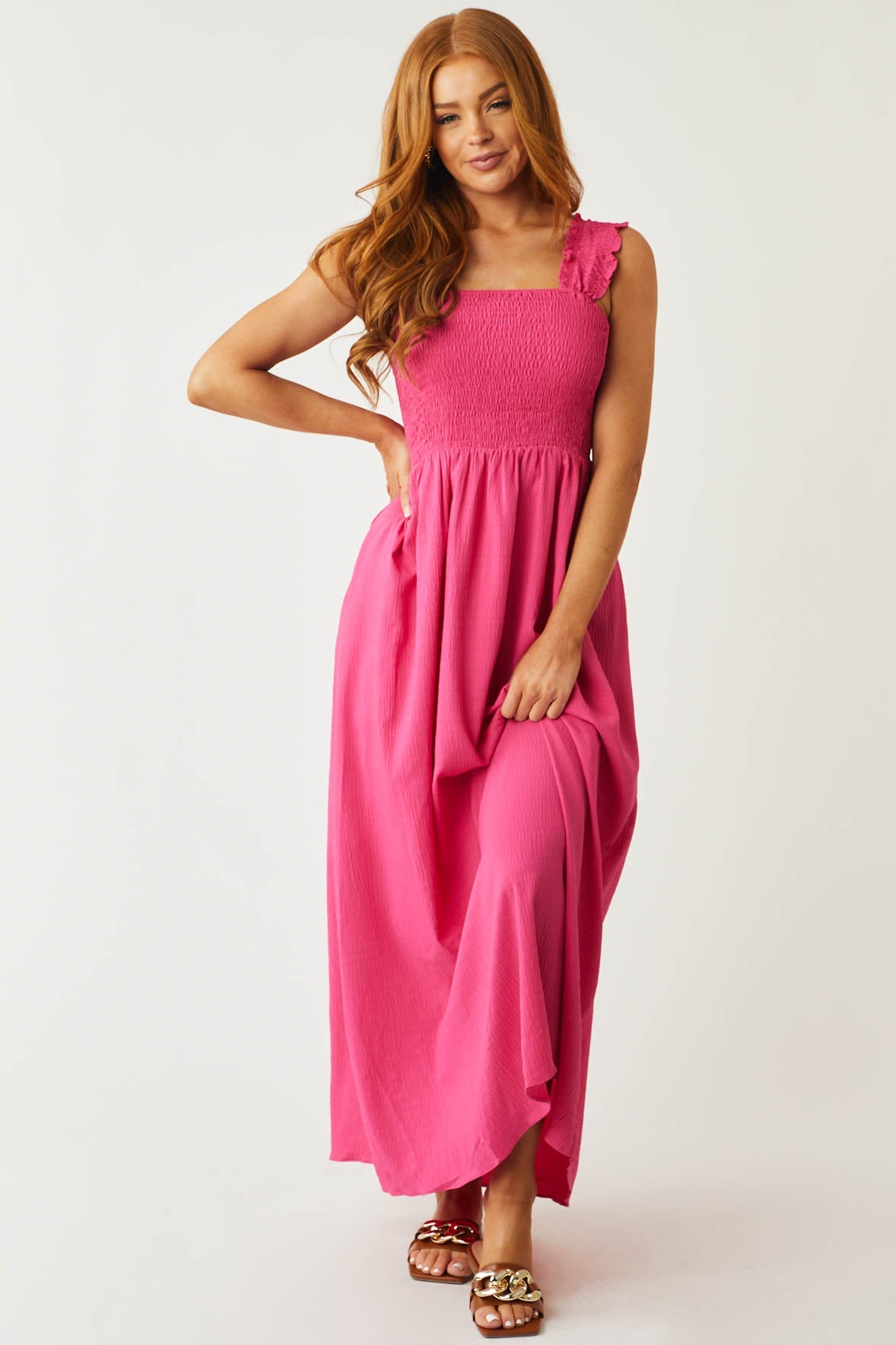 Magenta Smocked Sleeveless Woven Maxi Dress