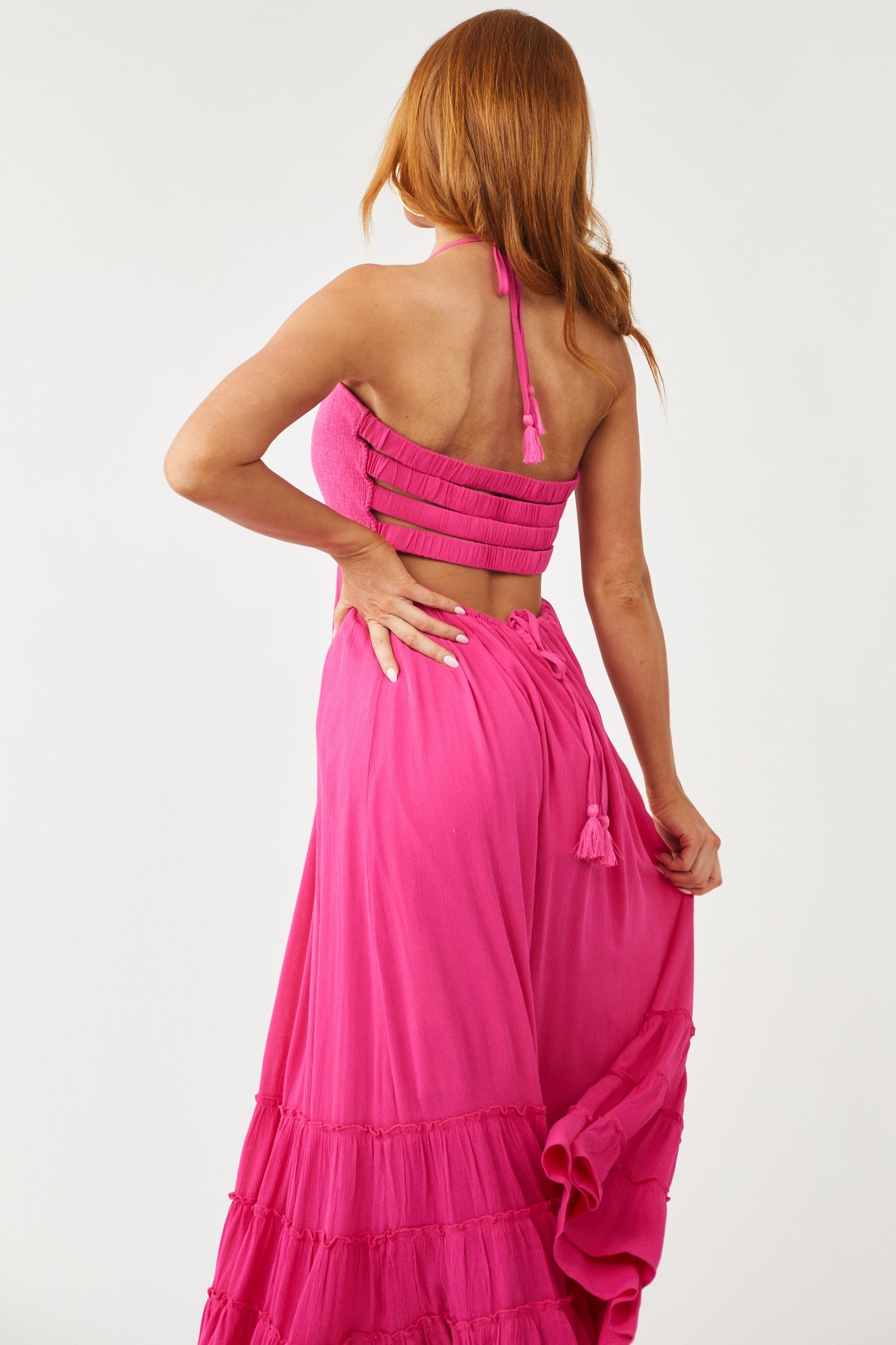 Magenta Smocked Strappy Back Halter Maxi Dress