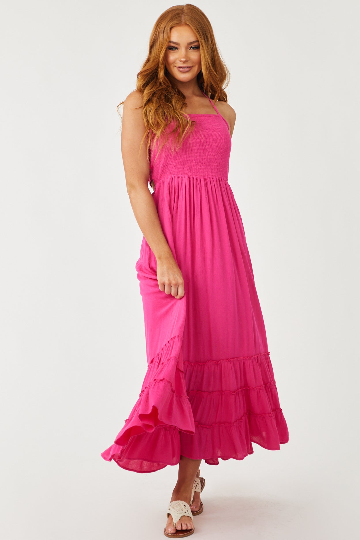 Magenta Smocked Strappy Back Halter Maxi Dress